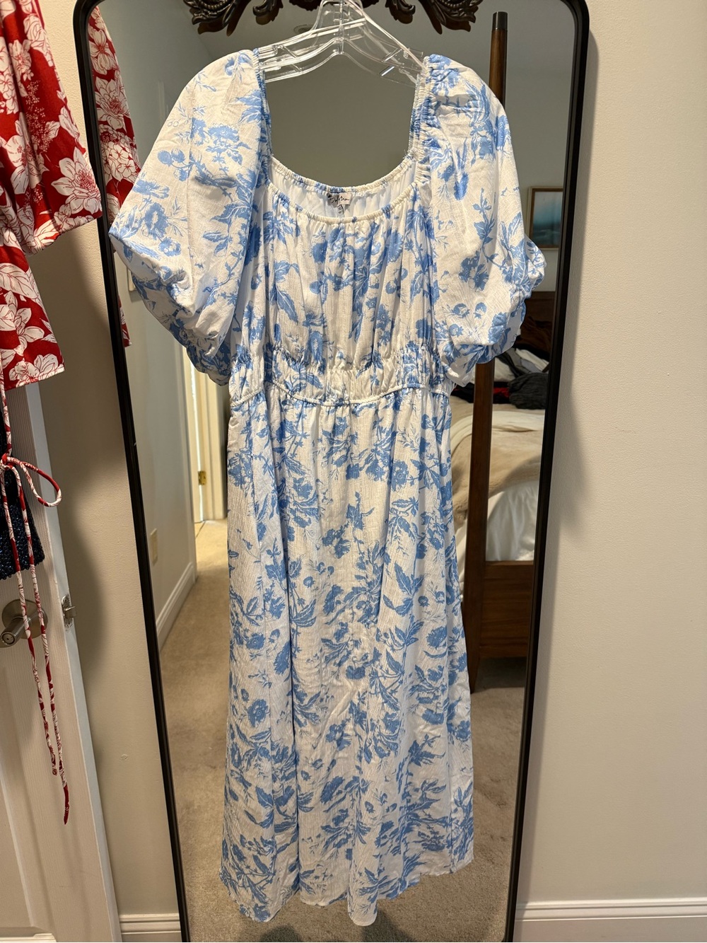 Pinkblush Maternity White Midi Dress with Blue Floral Print and Puff Sleeves
